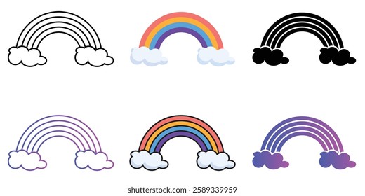 Rainbow Icon Set Featuring Colorful Arches Clouds and Weather Elements Perfect for Kids Designs Festive Themes Web Graphics Illustrations and Creative for Websites Apps and Social Media Posts