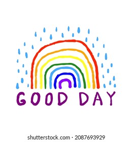 Regenbogensymbol. Text Guten Tag. Farbige Umrisslinie für lineare Skizze. Vorderseite. Vektorgrafik einfache flache, handgezeichnete Illustration. Das einzelne Objekt auf weißem Hintergrund. Isolieren.