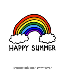 Rainbow icon. Text Happy Summer. Cute contour linear sketch drawing. Vector simple flat graphic hand drawn illustration. The isolated object on a white background. Isolate.