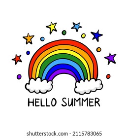 Icono arcoiris. Salúdame el texto del verano. Dibujo de esbozo lineal con contorno de color. Dibujo gráfico plano vectorial simple a mano. Objeto aislado sobre un fondo blanco. Aislar.