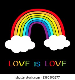Rainbow icon. Two clouds in the sky. Colorful line set. Cloud shape. Cute cartoon kawaii kids clip art. Love is love. Greeting card. LGBT community. Gay flag symbol Flat design Black background Vector