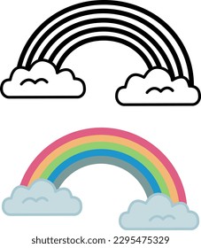 Regenbogensymbole hinter Wolken. Wettersymbole. mehrfarbige Vektorroboter