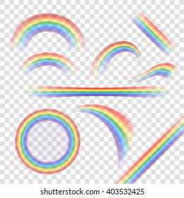 Rainbow icons set. Different shapes realistic, isolated on transparent background. Colorful light and bright design elements collection for decorative. Symbol of rain, sky, clear. Vector illustration.