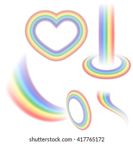 Rainbow icons set. Different shapes realistic, isolated on whtie background. Colorful light and bright design elements collection for decorative. Symbol of rain, sky, clear. Vector illustration.
