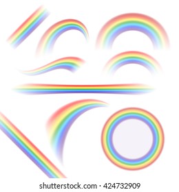 Rainbow icons set. Different shapes realistic, isolated on white background. Colorful light and bright design elements collection for decorative. Symbol of rain, sky, clear. Vector illustration.