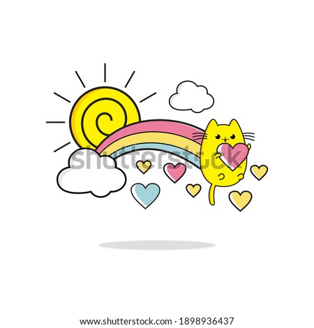 A rainbow illustration coming out of the back of a cute cat holding a symbol of love, this is perfect for children's book cards and so on