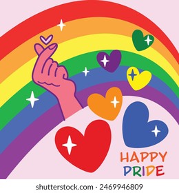 Regenbogen-Illustration und Mini-Herz-Hand mit bunten Herzen. Happy Pride Vektorillustration.