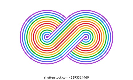 Rainbow Infinity sign. Colorful mobius eternal symbol. Stylized moebius endless shape. Cool design illustration for logo, sign, icon, poster, banner, background, cover, print. Vector illustration