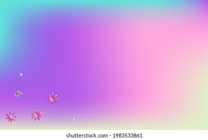 Rainbow Inflorescence Graphic Blue Background. Holographic Flower Banner. Happy Gradient Texture. Color Hibiscus Party Pattern.