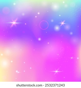 Rainbow Invitation. Pink Unicorn Pattern. Magic Background. Holographic Magical Effect. Purple Abstract Gradient. Lilac Cosmic Hologram. Kawaii Glitter. Stars Rainbow Invitation.