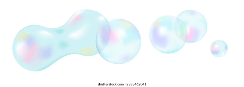 Bolas iridiscentes de arcoiris. Volando bolas de transparencia aisladas. Ilustración vectorial. Fondo borroso degradado para diseño, banner, diseño web. Antecedentes abstractos. Impresión holográfica en color pastel.