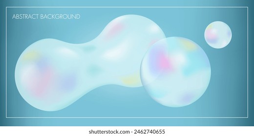 Rainbow iridescent balls on gradient Blue background. Transparent soap balls with glares, gradient. Holographic vector pastel colour print for banner, web, card. Flying isolated transparency balls