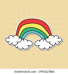 Rainbow isolated colorful doodle, two clouds drawing, cartoon childish hand drawn style, for children book, sticker, card, game, poster, etc