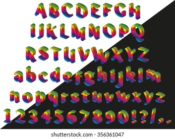 Rainbow isometric font on black background. Alphabet, numbers and punctuation marks. Vector illustration