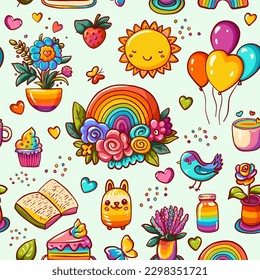 Rainbow items seamless pattern  for bright summer design. Colorful rainbows with flowers, desserts, tea cup, kawaii birds, cute sun. Vector cartoon elements repeated background