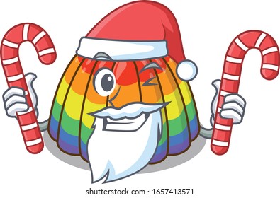Rainbow jelly Cartoon character wearing Santa costume bringing a candy