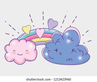 rainbow with kawaii clouds fluffy and hearts