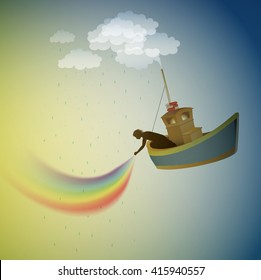 rainbow keeper, pu the rainbow on the sky, magic ship in the dreamland, scene from wonderland, vector