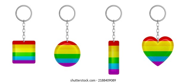 Rainbow keychains, keyring holders with lgbt flag symbolic isolated on white background. Metal heart, round, square and rectangular gift accessories or souvenir pendants mockup Realistic 3d vector set