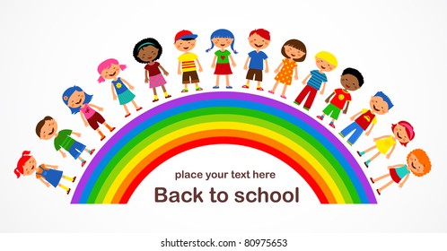 rainbow with kids, colorful vector illustration