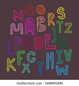 Rainbow kids decorative font crazy letters hand drawn illustration alphabet funny