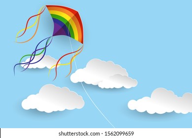 Rainbow kite. Kite flying above the clouds. White air clouds and bright blue sky. Vector illustration in paper cut style.