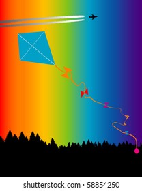 rainbow kite flying in a clear blue sky - similar image with vapor trail in the background also available