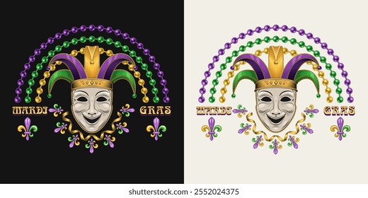 Regenbogen-Label mit Perlen-Saiten, Fleur de Lis-Zeichen, Theater-Comedy-Gesichtsmaske mit Nester Harlekin Hut Design-Element für Mardi Gras Dekoration.