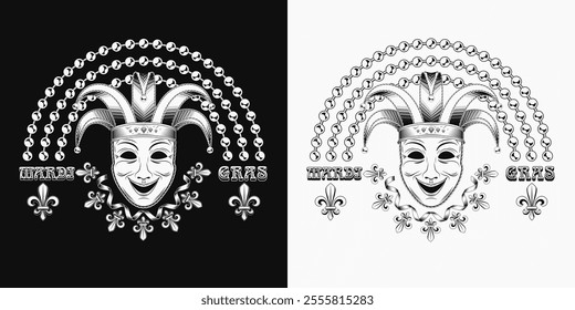 Rainbow label made with bead strings, Fleur de Lis sign, theatrical comedy face mask with jester harlequin hat Design element for Mardi Gras decoration.