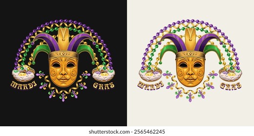 Rainbow label made with bead strings, Fleur de Lis sign, carnival golden venetian face mask in jester tomfool hat. Design element with text for Mardi Gras decoration.