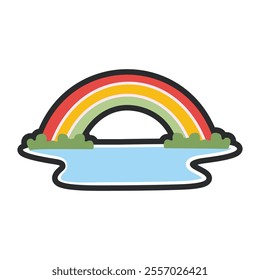 rainbow and lake with outline in flat vector design