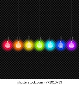 Rainbow Lamp Shine  on Transparent Background - Vector Radiant Lampbulbs Halo

