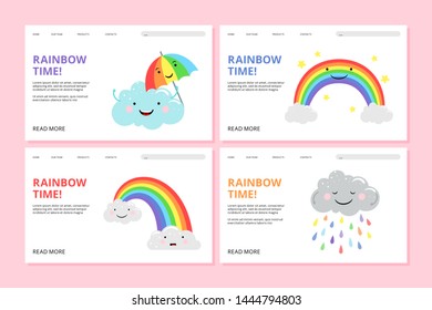 Rainbow landing page. Vector pride web banners with cute cartoon characters. Illustration of love rainbow pride landing page