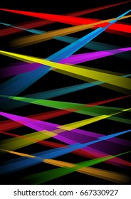 Rainbow laser rays on black background, overlapping beams in red, blue, purple, green, orange