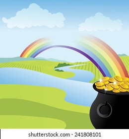 Rainbow leading to a pot of gold EPS 10 vector stock illustration