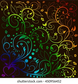 Rainbow leaves with abstract swirls, leaves, flowers and heart on a black background. Can be used as a background, decor, decoupage, textile, invitation.