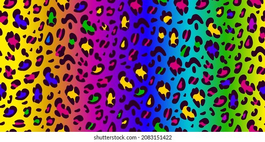 Rainbow leopard seamless pattern. Animalistic bright print. Neon vector background.