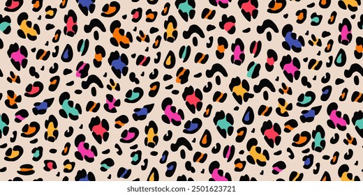 Rainbow leopard seamless pattern. Animalistic bright print. Neon vector background.