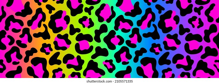 Rainbow leopard seamless pattern. Rainbow background, black and pink spots. Long pattern for decorative scotch tape