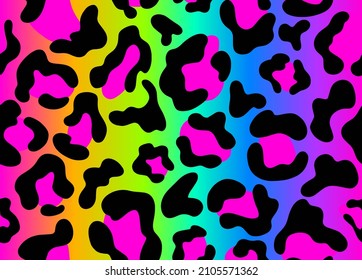 Rainbow leopard seamless pattern. Rainbow background, black and pink spots.