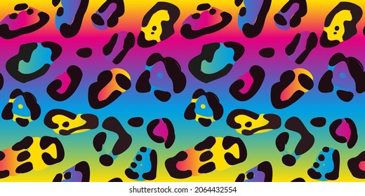 Rainbow leopard seamless pattern. Colorful neon vector background. Gradient wallpaper.