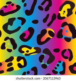 Rainbow leopard seamless pattern. Colorful neon vector background. Gradient wallpaper.
