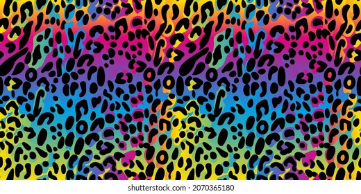 Rainbow leopard seamless pattern. Colorful neon vector background. Gradient wallpaper.