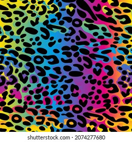 Rainbow leopard seamless pattern. Colorful neon vector background. Gradient wallpaper.