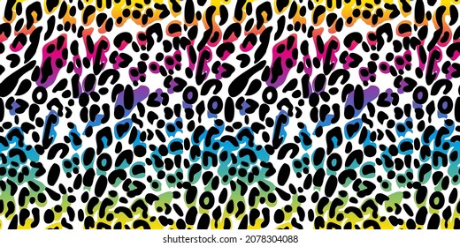 Rainbow leopard seamless pattern. Colorful neon vector background. Gradient wallpaper.