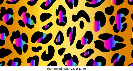 Rainbow leopard seamless pattern on a golden background. Animalistic bright print. Neon vector background.
