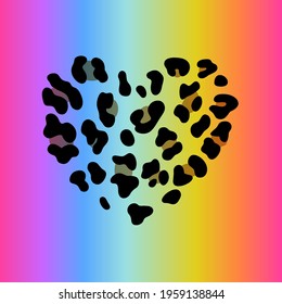 Rainbow leopard skin. Vector heart - symbol of love. Holographic neon gradient background with cheetah dots. Abstract psychedelic animal. Bright lgbt fashion design flag.