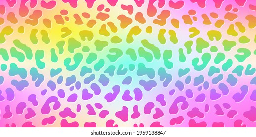 Rainbow leopard skin. Vector seamless pattern. Holographic colorful neon gradient  with cheetah dots. Abstract psychedelic animal background. Bright lgbt fashion design flag.