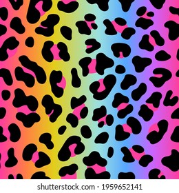 Rainbow leopard skin. Vector seamless pattern. Holographic colorful neon gradient  with cheetah dots. Abstract psychedelic animal background. Bright lgbt fashion design flag.