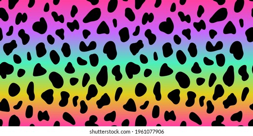 Rainbow leopard skin. Vector seamless pattern. Holographic colorful neon gradient  with cheetah dots. Abstract psychedelic animal background. Bright lgbt fashion design flag.
